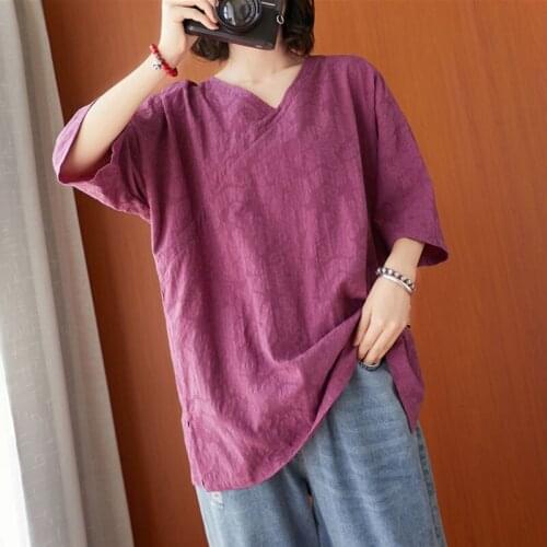 Oversized Women Cotton Linen Casual T-shirts New Arrival 2021 Summer Simple Style Vintage V-neck Loose Female Tops Tees S2966