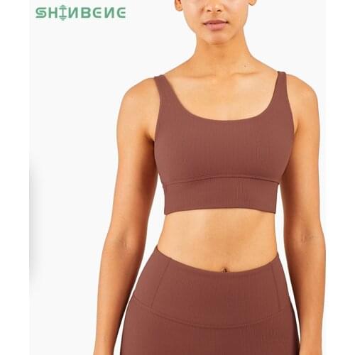 SHINBENE RIBBED Naked Feel Gym Workout Sports Bras Top Women Padded Vest-Type Push Up Fitness Training Yoga Brassiere S-XL