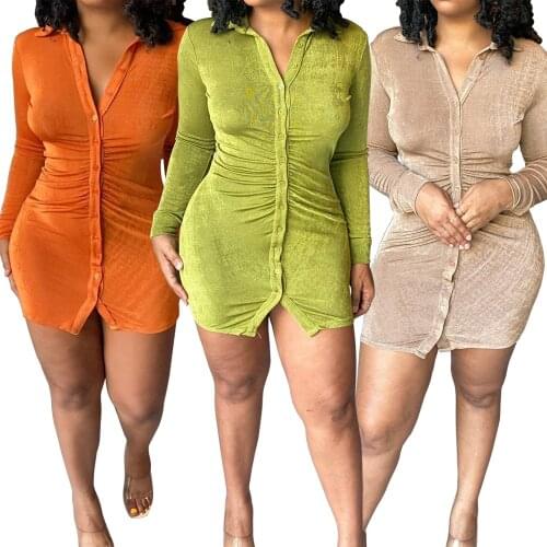 Elegant Glitter Ruched Shirt Mini Women Dress Sexy Turn-down Collar Button Long Sleeve Bodycon Club wear Dress Robe Lounge