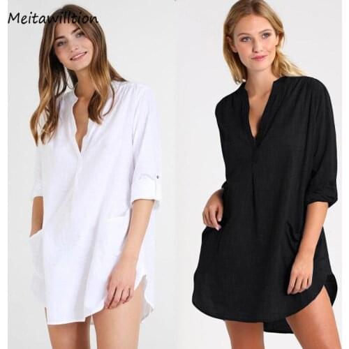2020 Women Loose Beach Dress Tunic Summer Bikini Cover Up Long Sleeve Swimsuit Beachwear Swimwear Solid White Cotton Dress