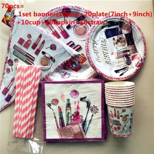 50 /70pcs/lot Girls Kids Favors Hanging Banner Make Up Theme Napkins Baby Shower Decorate Plates Happy Birthday Party Cups Flags