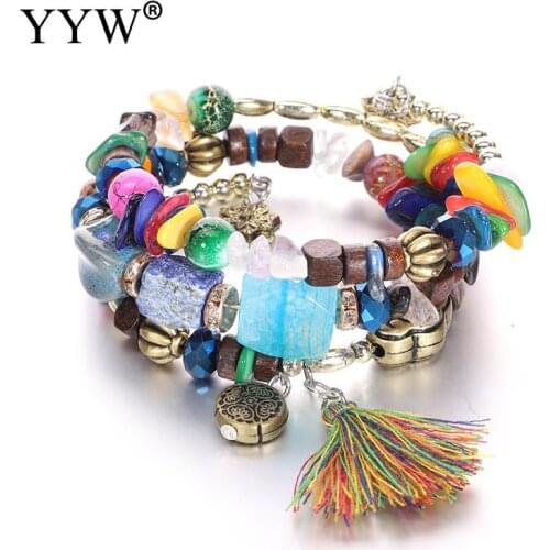 Multiple Layers Women Bracelet Bohemian Style Elastic Chain Tassel Natural Stone Colorful Seadbeads Female Wristband Ornaments