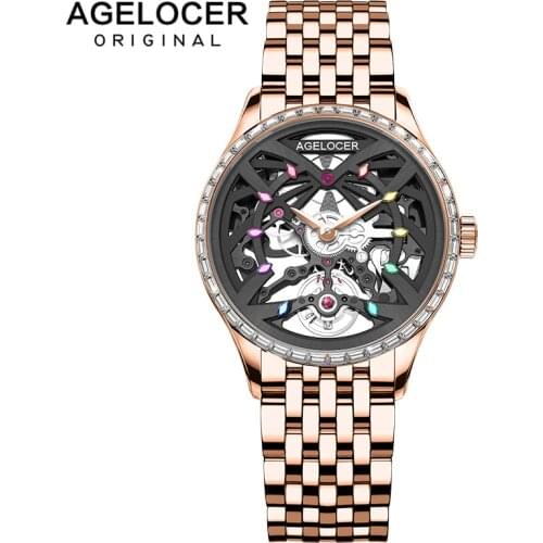 AGELOCER Swiss Watches Women Top Brand Sapphire Mechanical Black Diamond Gold Watch Waterproof 36mm Ladies Watches Reloj Hombre