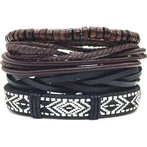 Black Leaf Beaded Ethnic 4pc/set Handmade Men Leather Bracelets Women Vintage Bangle Male Homme Jewelry Accessories