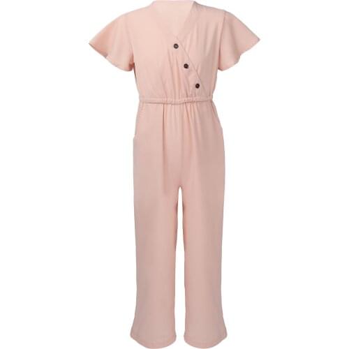 Oyolan Childrens Overalls 2021 Summer New Girl Jumpsuit V Neckline Flutter Sleeves Jumpsuit Kids Clothes Casual Teens Rompers