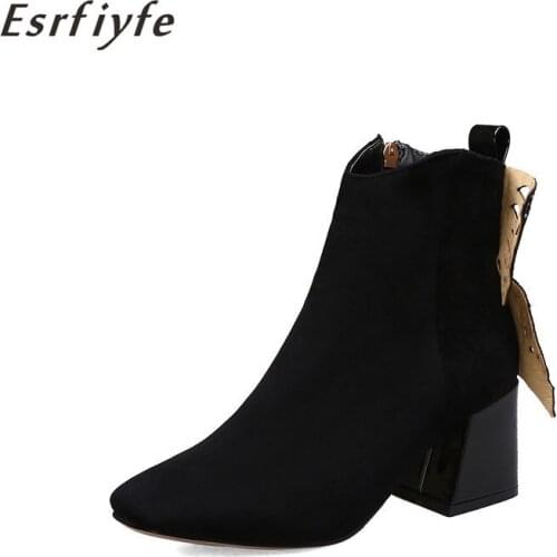 ESRFIYFE 2020 New Arrivals Cow Suede Boots Ankle Boots for Women Warm Short Plush Boots Spring Autumn Thick Heel Women Shoes