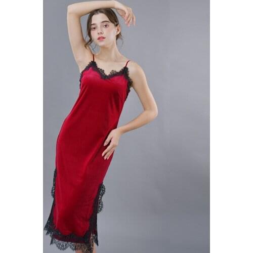 Ms Autumn And Winter Sexy Velvet Dress Lace V-neck Slip Nightdress Gold Velvet Ladies Sling Tight Pencil Skirt Nightdress