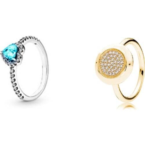 High Quality S925 Silver Blue Zircon Elevated Heart, Golden Round Ring, Exquisite Jewellery To Give Ladies An Anniversary Gift