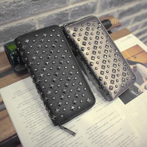 Fashion Women Punk Faux Leather Clutch Wallet Rivet Holder Purse Handbag Zipper