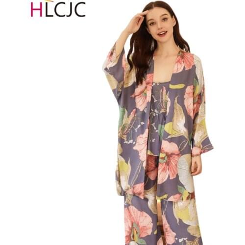 New Arrivals High-end 3 PCS Women Pajamas Set Viscose Floral Printed Female Pyjama Loose Elegant Female Nightwear Spring Summer