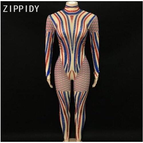 Birthday Bar Dance Clothes Nightclub Dance Female Singer Show Bright Bodysuit Bright Blue Red Rhinestones Mesh Jumpsuit Women