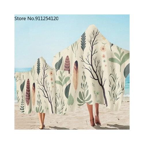 Wood Leaf Printing Microfiber Beach Poncho Towel for Adult Kids Bath Towel with Hooded Quick Drying Wearable Hooded Blanket