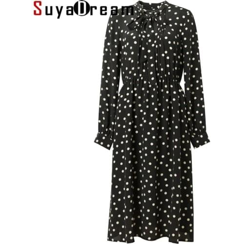 SuyaDream 100%Silk Dots Printed Long Sleeved Bow Collar Black Dresses 2020 Women Spring Dress
