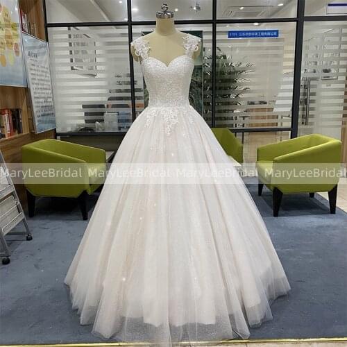 100% Real Photos Glitter Tulle Wedding Dresses Pricess Ball Gown Sweetheart Neck Corset Back Wedding Party Bridal Gowns Dress