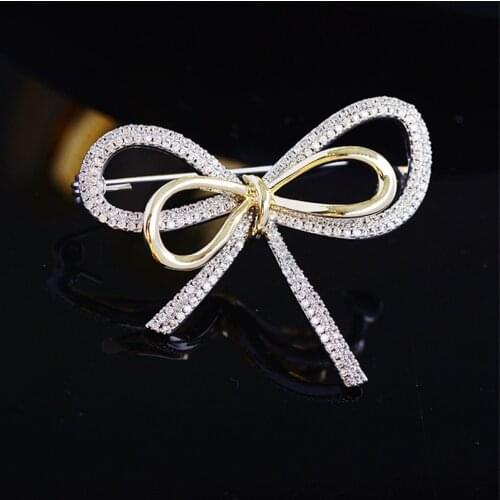 Elegant Delicate Two-color Bowknot Brooches Pins White Zircon Brooch for Women Overcoat Simple Cute Bow-knot Jewelry Accessories