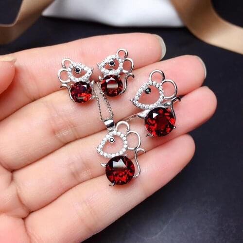 Elegant lovely mouse S925 silver natural red garnet gem ring pendant earrings natural gemstone woman girl party gift set jewelry
