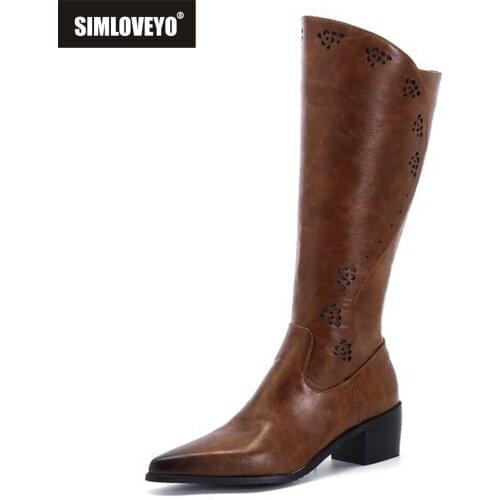 SIMLOVEYO Vintage Square High Heel Wide Leg Knee High Boots Women Shoes Pointed Toe Western Style Zipper Big Size 34-48 S2362