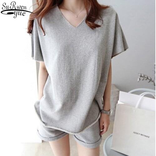2021 Korean Style Summer woman suit Loose solid v-neck shirt Stitching Fat mm Casual Shorts Sportswear Suit for women 9964