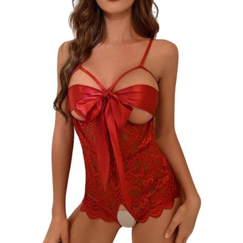 Women Crotchless Sexy Lingerie Cutout Floral Lace Bow Bodysuit with Adjustable Spaghetti Strap