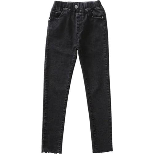 Kids Girls Jeans Children Cotton Denim Pencil Pants Skinny Trousers Elasticity For Big Girls Black Pants Age For 3-13Y GL95
