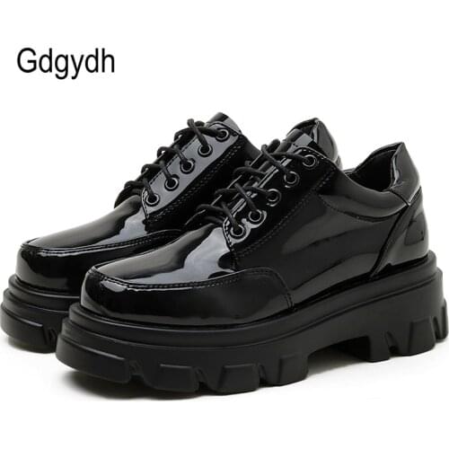Gdgydh Women Platform Flats Heel Shoes Lace Up Patent Leather Casual Shoes Thick Sole Comfy Flats Female Black Basic Top Quality