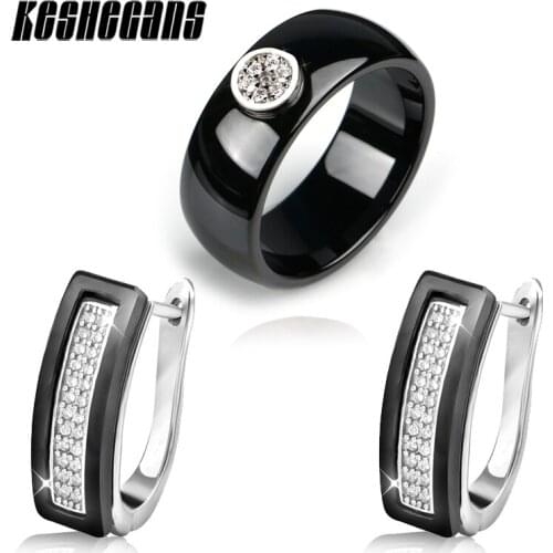 Classic Black White Ceramic Set Steel U Shape Crystal Earrings And 8.3mm Ceramic Rings With Shining Rhinestone For Women Jewelry
