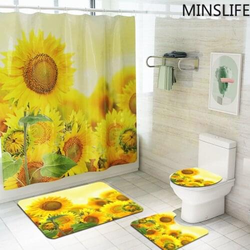 Yellow Sunflower Printed Shower Curtain Set with Rug Anti-slip Carpet Bathtub Toilet Screen Waterproof Bathroom Decor with Hooks