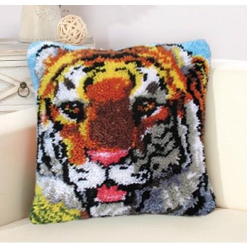 Forest Style Cushion Tiger Lion Latch Hook Pillow Sets Embroidered Crafts Latch Hook Rug Kits DIY For Needlework Punk Stripes F
