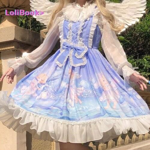 Lolibook Japanese Sweet Lolita Dress Girls Angel Dolphin Bay Cartoon Print Sling Dress Vintage Victorian Gothic Princess Dress