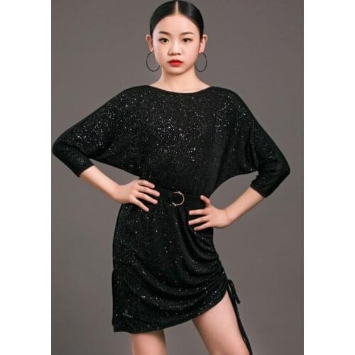 2021 New Latin Dance Dress For Girls Black Long Sleeve Glitter Practice Dress Chacha Samba Tango Latin Dance Costumes DQS6599