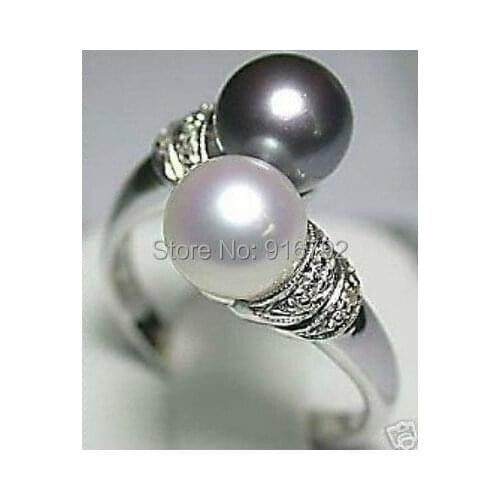 Wholesale P&P ******Beautiful fashion silver black white pearl rings Size;6-7-8-9
