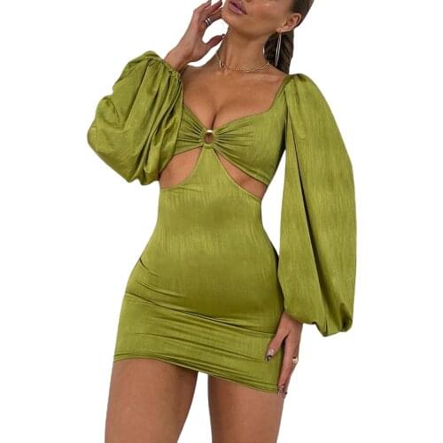 Women Sexy Sheath Dress, Fashion trend new styleAdults Solid Color V-neck Long Sleeve Cutout O ne-piece (Green, White)