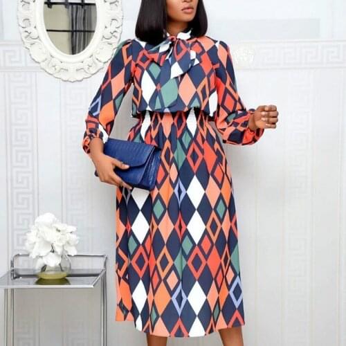 Women Rhombus Printed Dresses Long Sleeves Bow Collar Elastic Waist Midi Dress Spring Fall Bohemian Female Robes New Vestidos