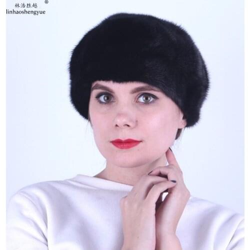 Linhaoshengyue 100% Mink Fur Women Cap No Slouch Hat