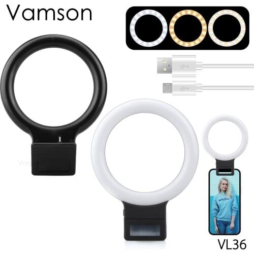 Vamson 3 Light Modes 36 LED Selfie Light Ring Clip with USB Charge for Video Conference Live Makeup Photography VL36
