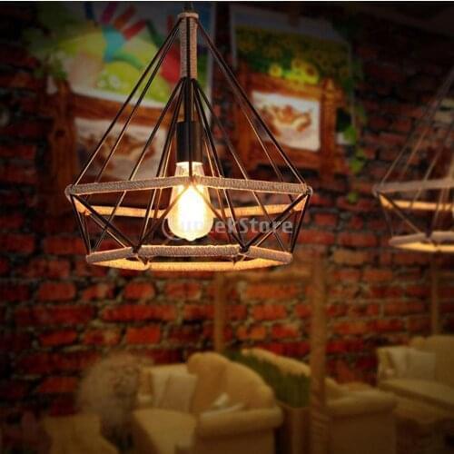 Vintage Manila Rope Twined Diamond Lightshade Ceiling Chandelier Decorative Hanging Light for Home Shop Restaurant Decoration