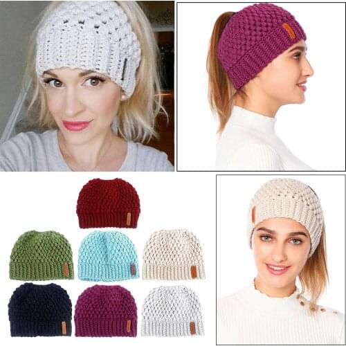Women Skullies Beanie Hat Tail Stretch Warm Knit Messy High Bun Ponytail Beanie