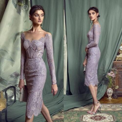 2020 Mother of the Bride Dresses Jewel Long Sleeves Full Lace Evening Gowns Custom Made Knee-Length Wedding Guest Dress