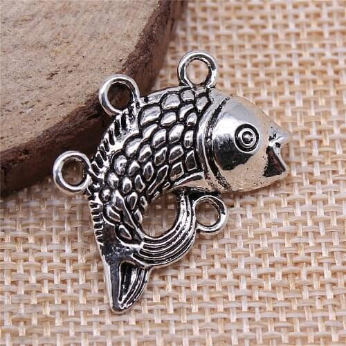 Free shipping 21pcs 24x29mm antique silver Goldfish connector charms diy retro jewelry fit Earring keychain hair card pendant