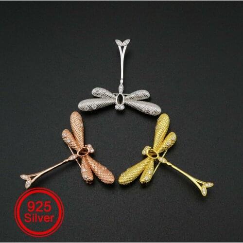 1Pcs 4x6MM Oval Prong Pendant Settings Rose Gold Solid 925 Sterling Silver Dragonfly Brooch DIY Supplies 1582056