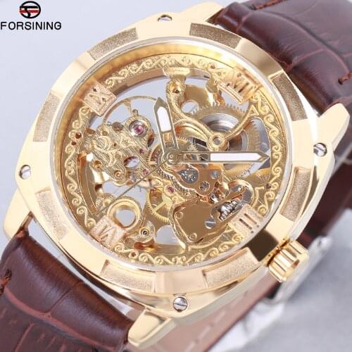 Forsining 2018 Royal Golden Flower Transparent Brown Leather Band Men Creative Watch Male Clock Waterproof Mechanical Wristwatch