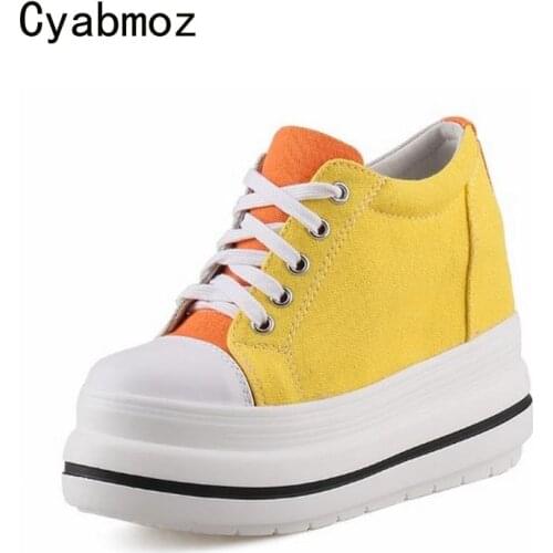 Cyabmoz Canvas Height increasing Shoes Woman Sneakers High heels Pumps Mixed colors Platform New Casual Women Party Ladies Shoes