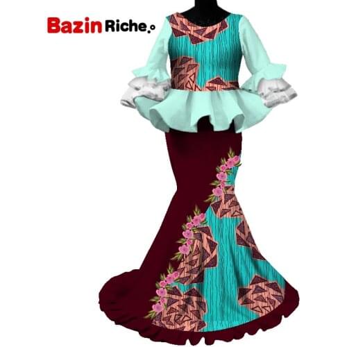 Dashiki Tops and Long Skirt Set Lady African Clothing 2021 New Flare Sleeve 2 Pieces Plus Size African Suit for Women WY6135