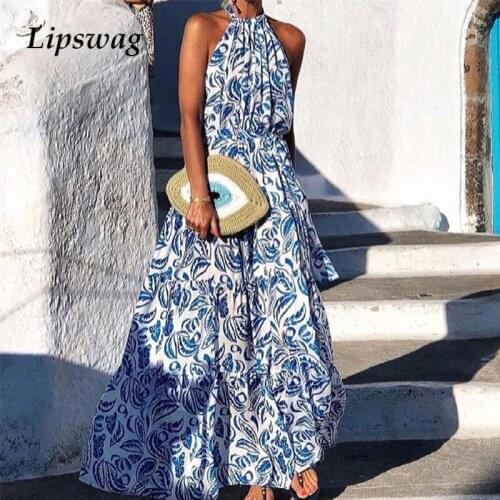 Vintage Pattern Print Casual Long Dress Sexy Halter Sleeveless Lady Beach Maxi Dress Fashion Elegant Women Boho Party Dress 2021