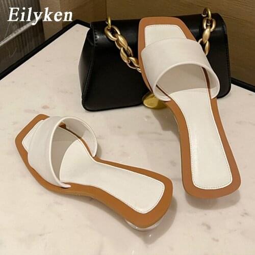 Eilyken New Brand Design Round Ball Heels Slippers Women Summer Fashion Square Toe Shallow Slides Outdoor Beach Shoes Female