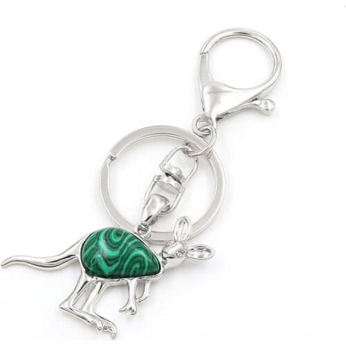 FYSL Silver Plated Circle Kangaroo Shape Malachite Stone Key Chain Black Agates Animal Jewelry