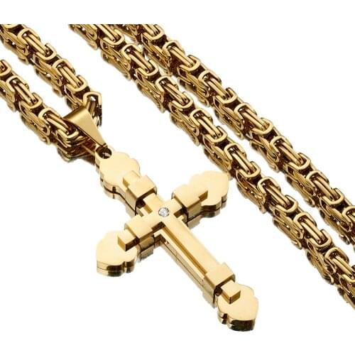 Hip Hop Gold Color 316L Stainless Steel Cross Pendant Necklace with Byzantine Box Chain Jewelry Christmas Gift
