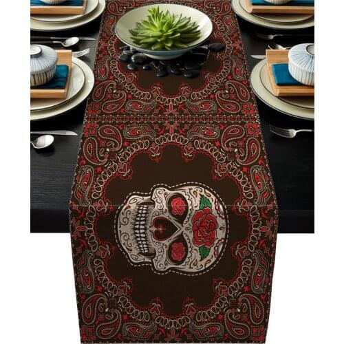 Red Brown Mexican Skull Head Rose And Curry Head Table Runner Placemat Modern Party Wedding Decor Dinning Table Runners