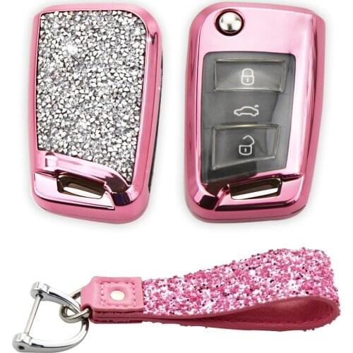 Kwaks Car Key Case Rhinestone Case For Volkswagen VW GOLF TIGUAN L LAMANDO TERAMONT T-ROC LAVIDA Tharu with Glitter Keychain