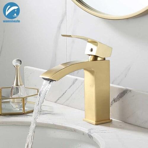 Brushed Gold Basin Faucet Deck Mounted Square Waterfall Bathroom Vanity Sink Faucet Single Lever Brass Basin Mixer Water Taps
